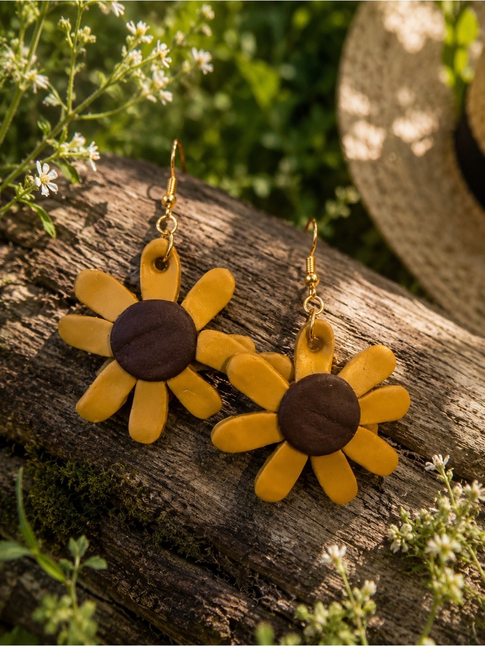 Sunflower Drop Handmade Polymer Clay Earrings in Mustard Yellow